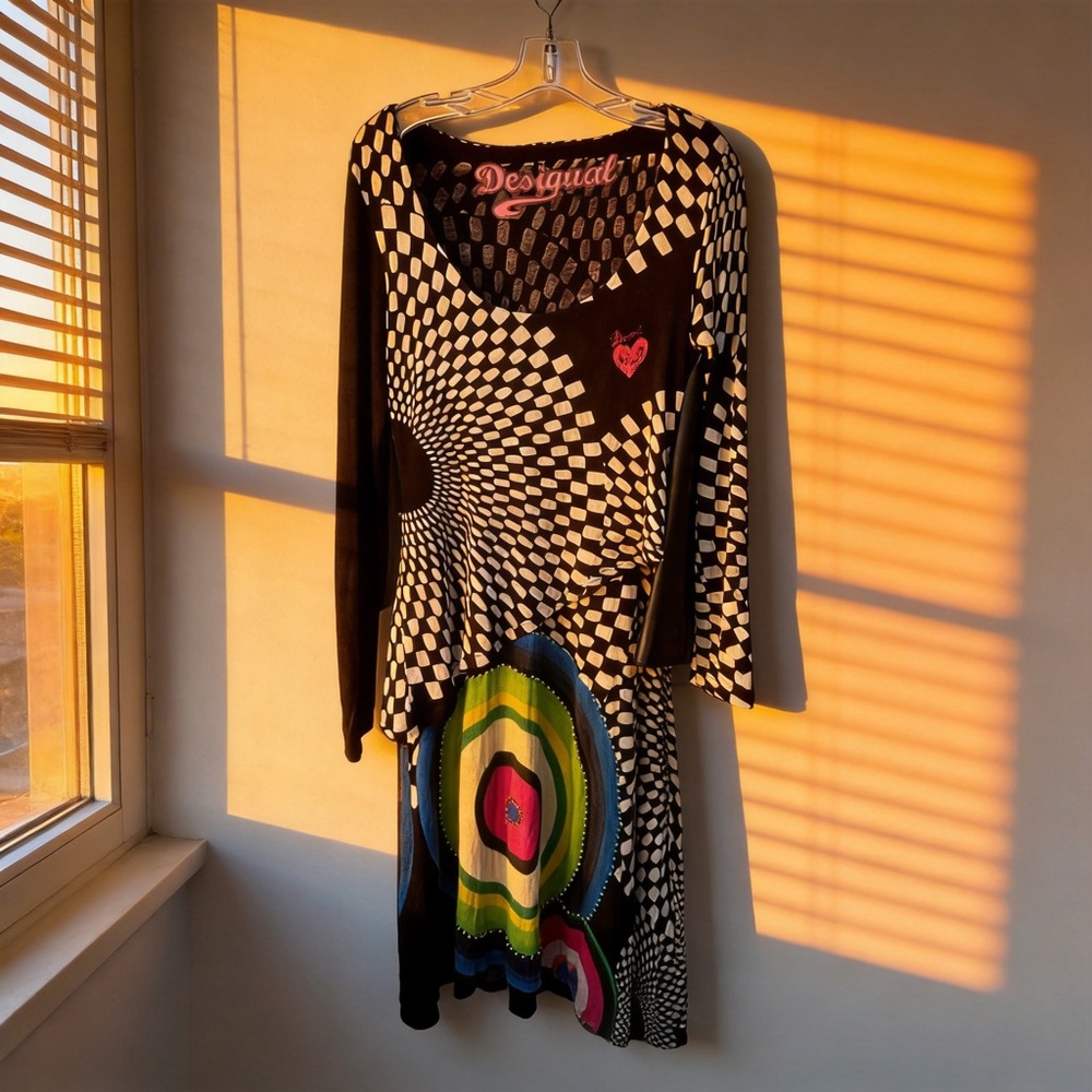 Desigual Black and White Geometric Long Sleeve Dress